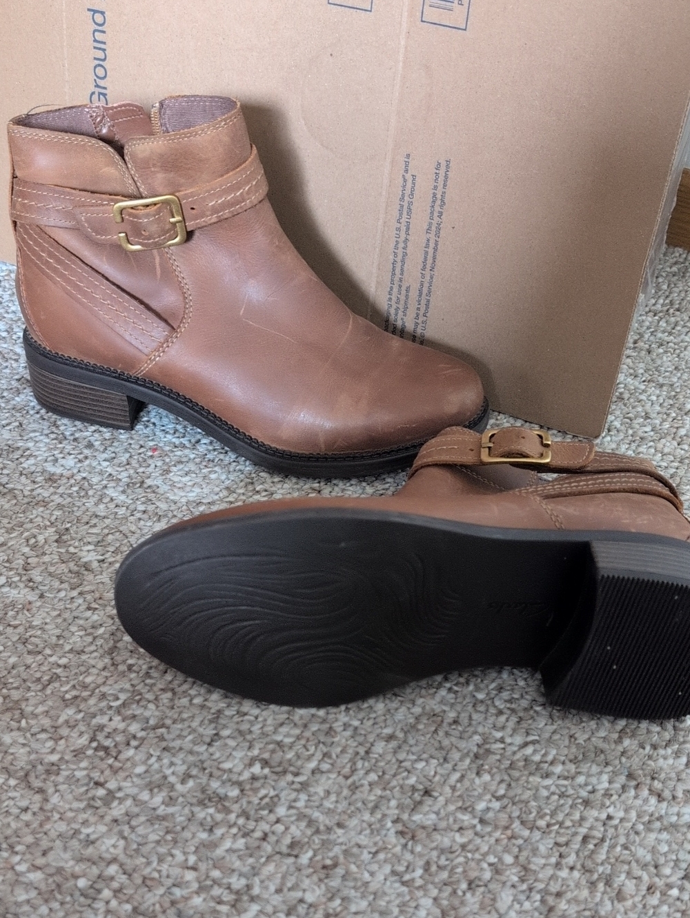 Clark Maye Women's Tan Ankle Booties with Brass Buckle Accent